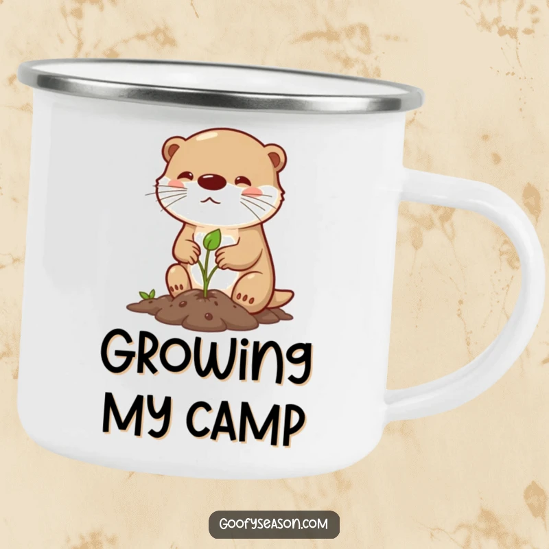 Funny camping mug featuring a determined otter character planting a spring sprout, perfect for humorous outdoor sipping.