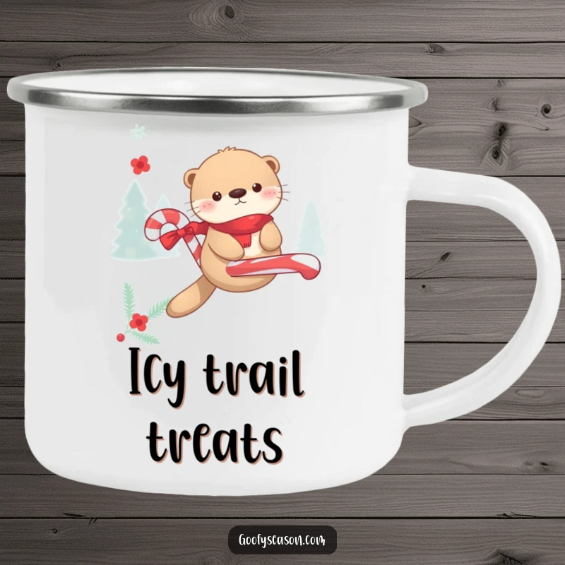 Funny Kawaii otter floating on a candy cane during winter merriment on a rustic camping mug, perfect for cold days.