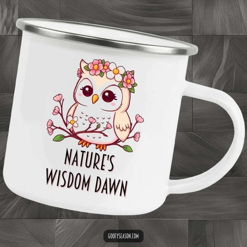 Funny enamel camping mug with a kawaii owl wearing a flower crown, observing blooming spring buds.