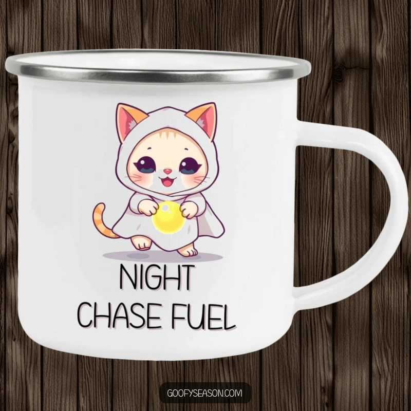 Funny cat in a ghost costume, chasing a glowing orb, on a rustic enamel camping mug.