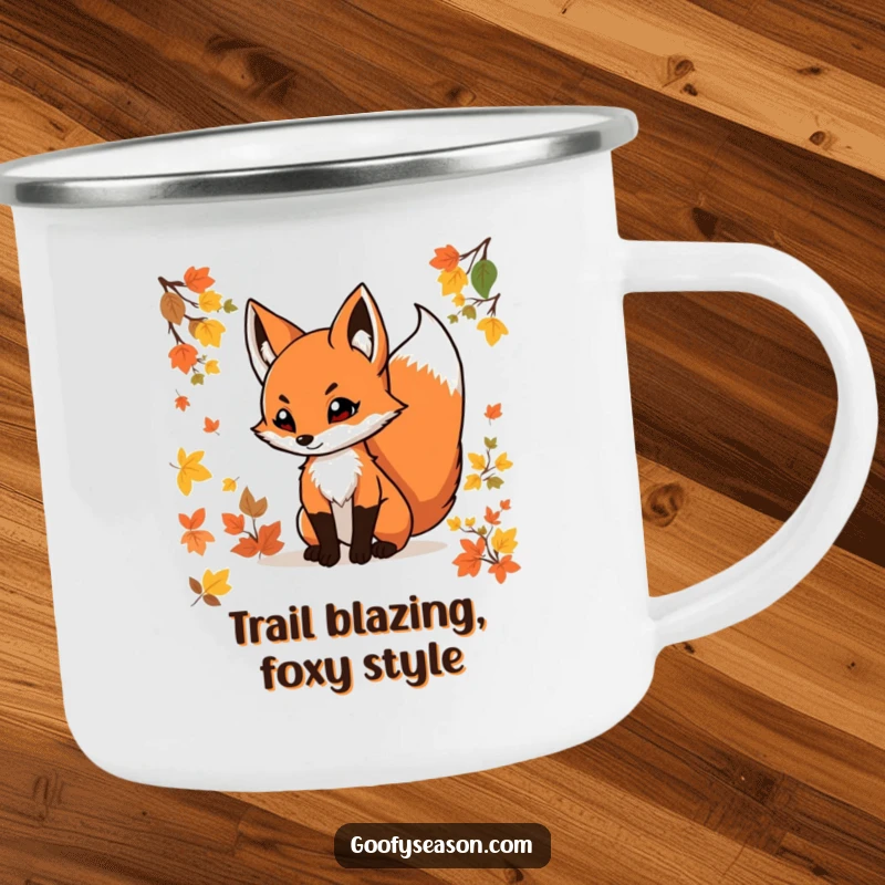 Funny fox camping mug featuring a determined fox with a swishing tail among autumn leaves, designed for rugged outdoor use.