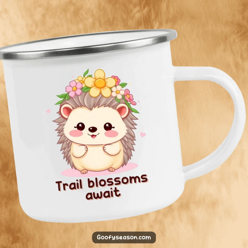 Funny Kawaii hedgehog with a flower crown, beaming during spring, on a rustic camping mug, perfect for nature lovers.