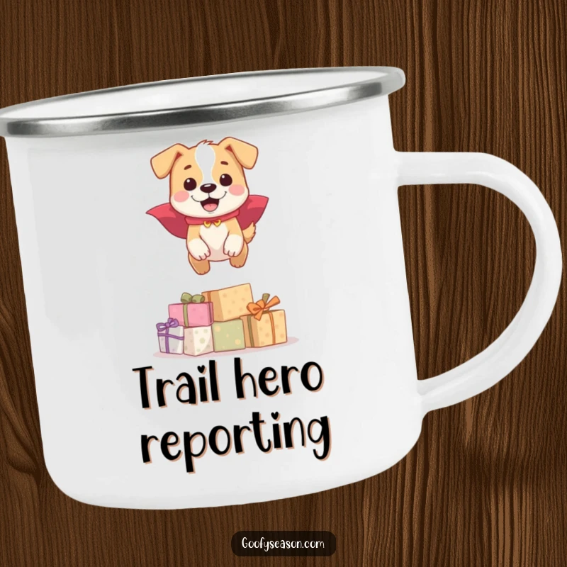 Funny happy dog in hero cape, jumping over gifts, on a camping mug, a unique funny gift.