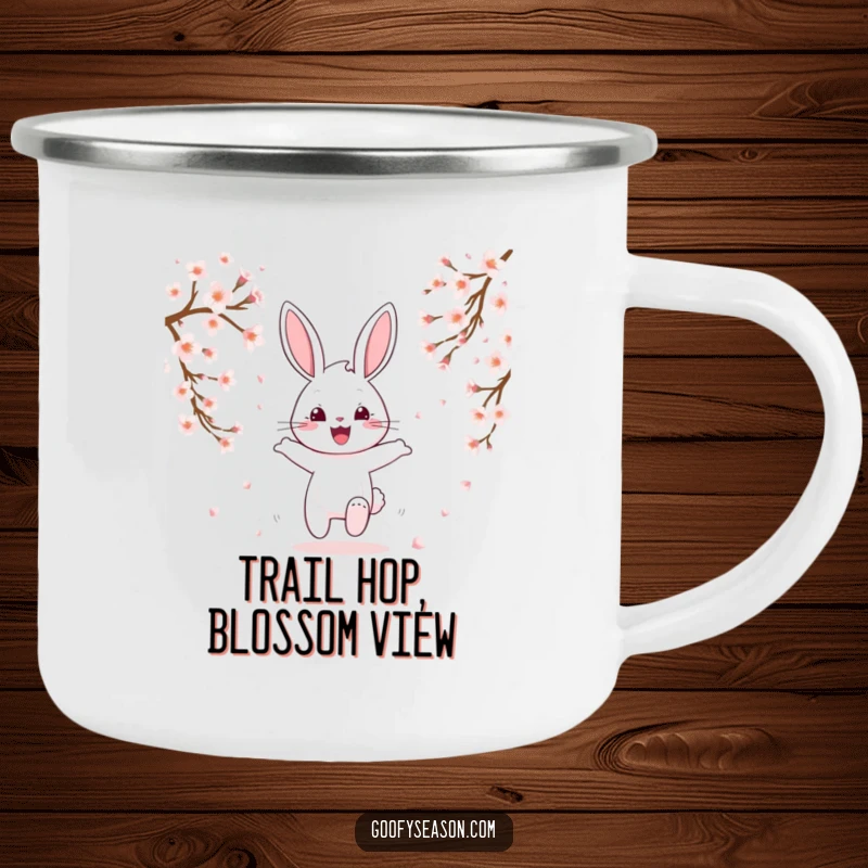 Funny cheerful bunny hopping amidst falling cherry blossoms on a camping mug, spring outdoor humor.