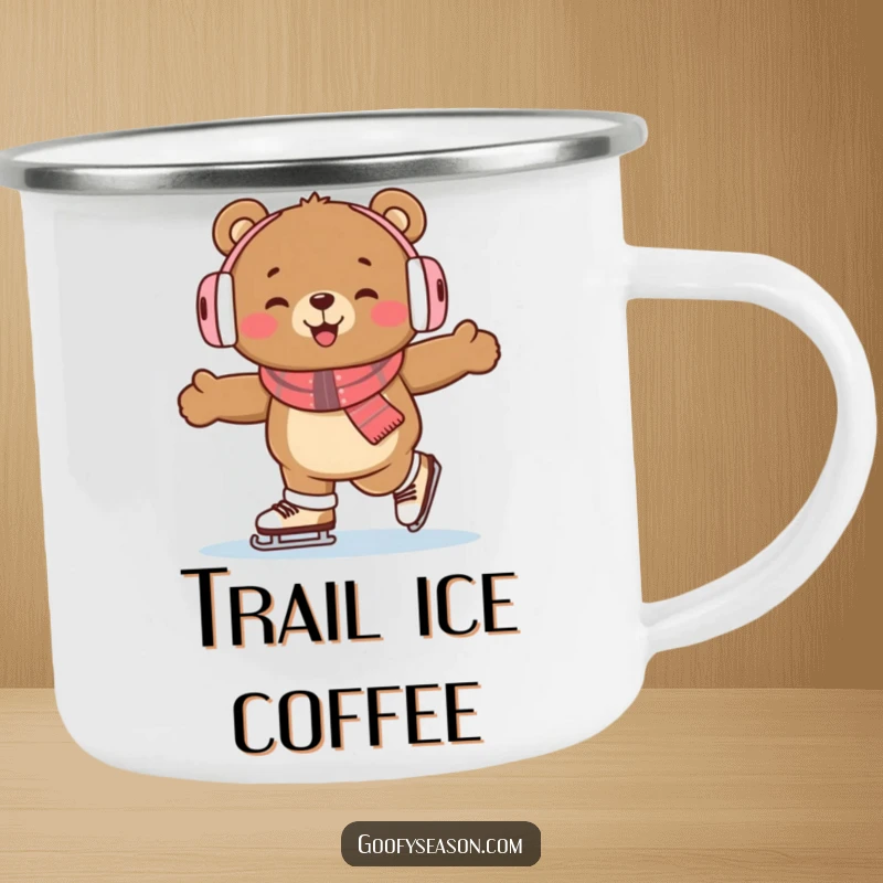 Funny bear wearing earmuffs, ice skating enthusiastically on a camping mug, ideal for humorous outdoor drinks.
