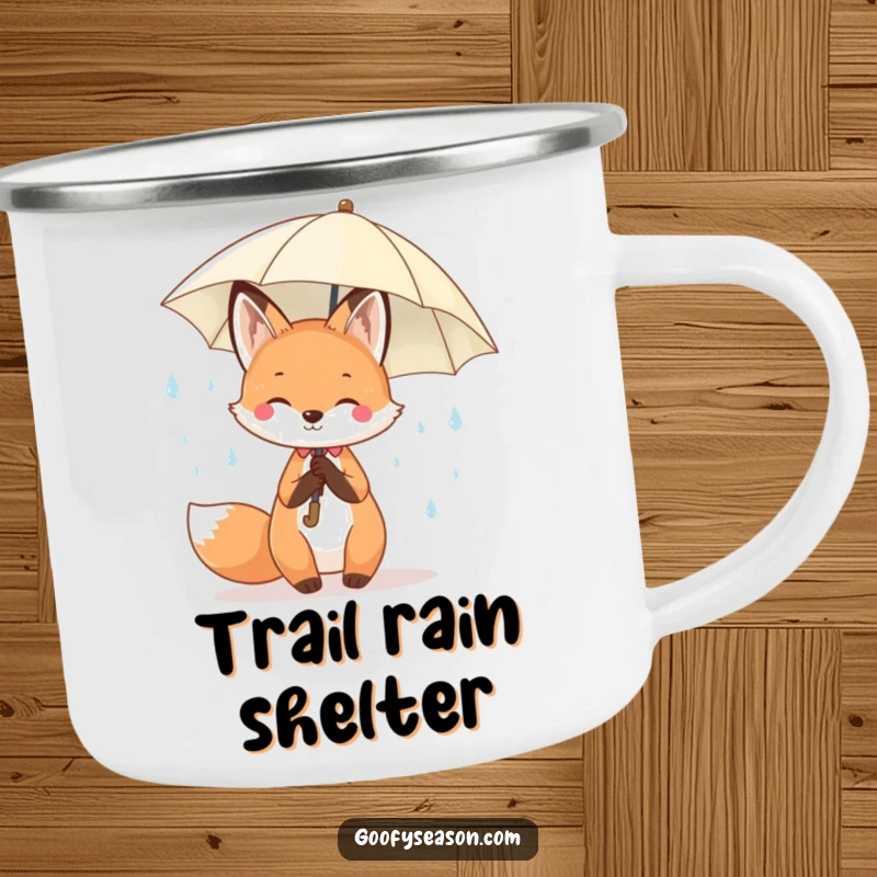 Funny Kawaii fox holding an umbrella against cheerful spring raindrops, designed for outdoor enjoyment on a camping mug.