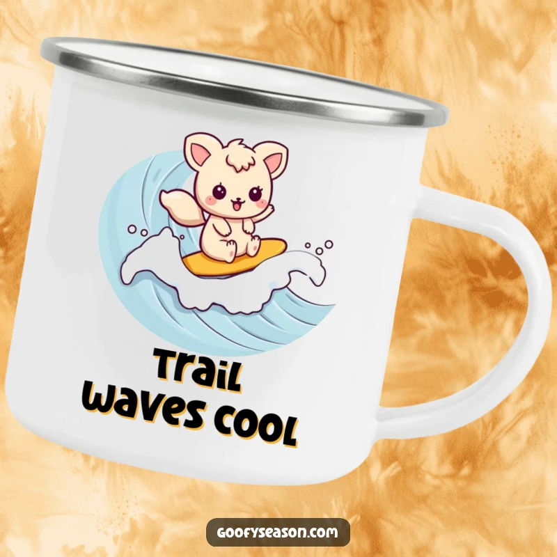 Funny kawaii animal character enjoying a wave ride on this durable and amusing camping mug.