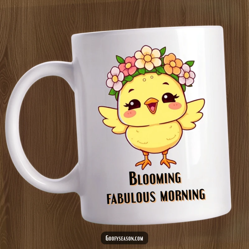 Funny mug featuring a joyous chick character smiling brightly while wearing a colorful flower crown, radiating happiness and spring cheer.