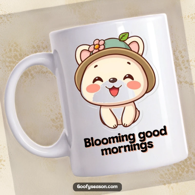 Funny kawaii animal character wearing a cute tiny hat with a flower, smiling brightly on this delightful mug.