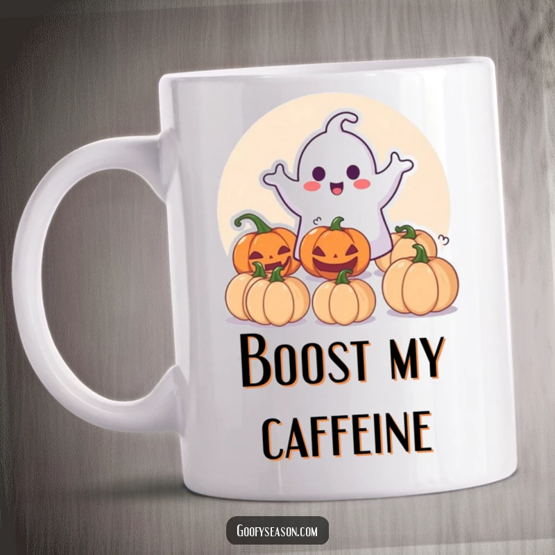 Funny Mug: Happy ghost character playfully startling a group of pumpkins with a mischievous grin.