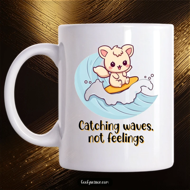 Funny kawaii animal character blissfully riding a rolling wave, embodying pure joy and surf vibes on this mug.