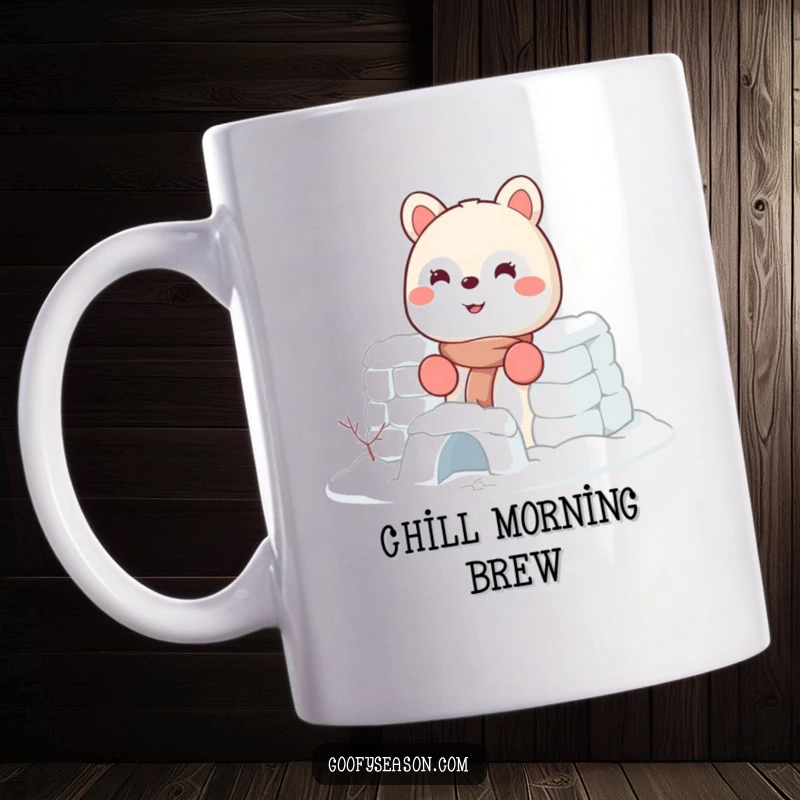 Funny mug illustration of an energetic animal character happily building a snow fort, wearing tiny mittens and smiling broadly.