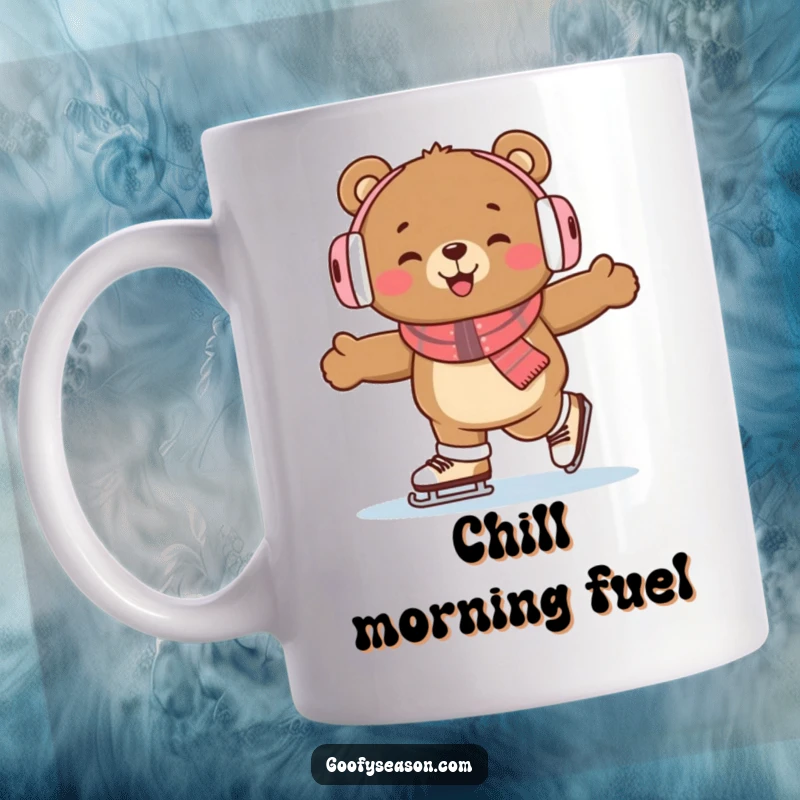 Funny happy bear wearing earmuffs, ice skating with gusto, bringing winter cheer to this delightful mug design.