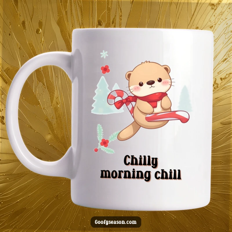Funny Kawaii otter happily floating on a candy cane during winter merriment, featured on a mug.
