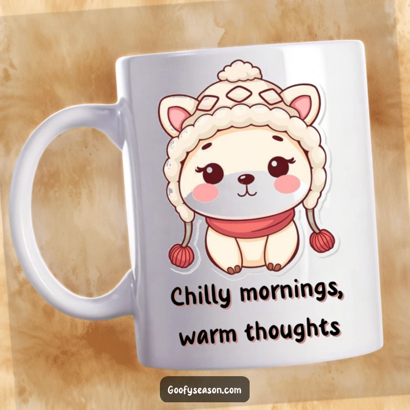 Funny kawaii animal character wearing a silly woolly hat and sporting rosy cheeks, looking extra cute on this mug.
