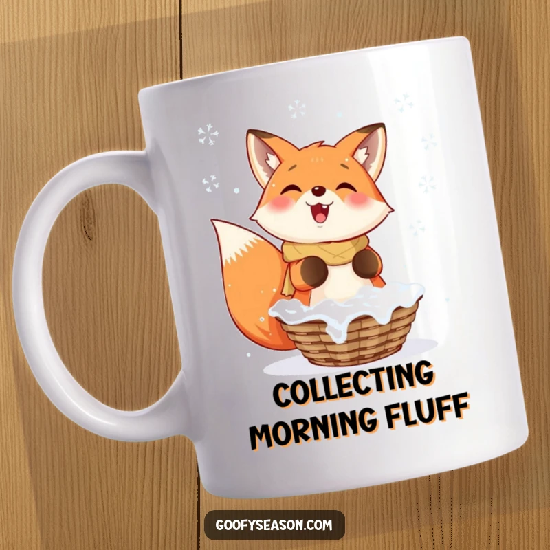 Funny Fox Mug: A smiling fox enthusiastically catching falling snowflakes in a basket, capturing winter's joy.