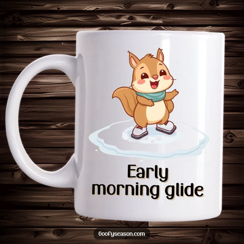 Funny Squirrel Mug: A happy squirrel character gleefully ice skating on a frozen puddle, embodying winter joy.