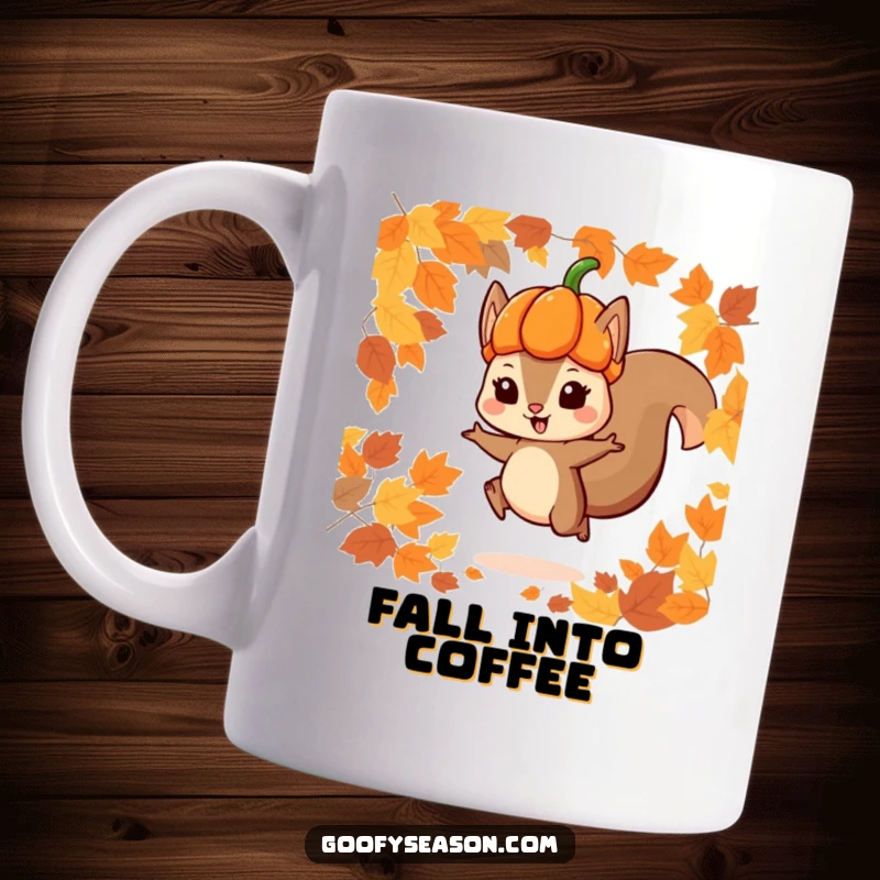 Funny mug featuring a playful squirrel character in a pumpkin hat, joyfully jumping amidst falling autumn leaves.
