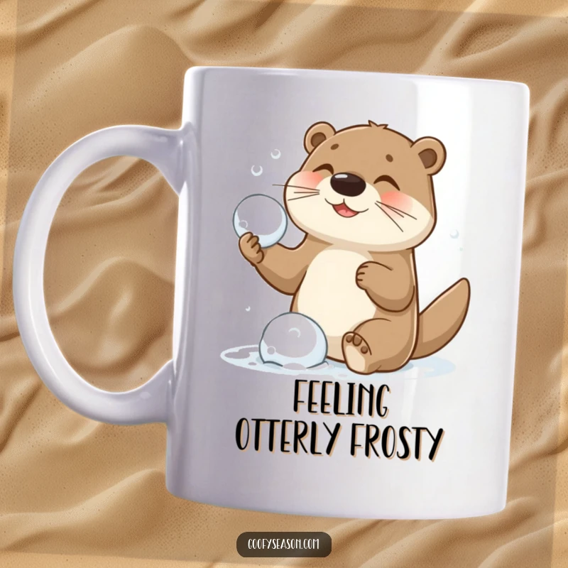 Funny mug showing a joyful otter character actively throwing snowballs in a playful, energetic snowball fight, bringing winter merriment.