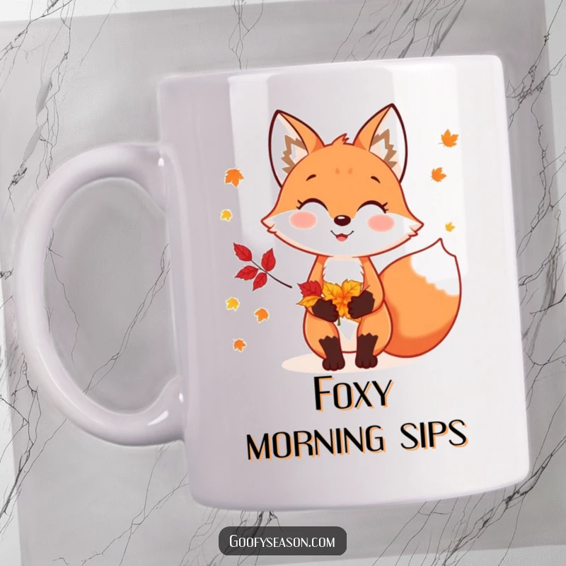 Funny mug with a cheerful fox character holding a bundle of colorful autumn leaves, celebrating the fall season.
