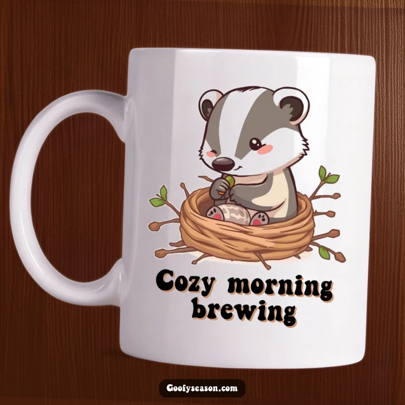 Funny mug featuring a clever badger character diligently building a cozy nest using twigs, showcasing industriousness and comfort.
