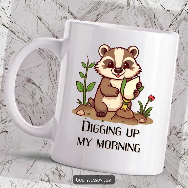 Funny mug showing a determined badger wearing gardening gloves, confidently planting a very large bulb in the soil.