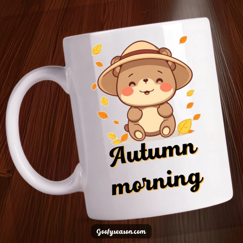 Funny happy bear character wearing a sun hat, playfully catching colorful falling leaves on a mug, embodying autumn joy.