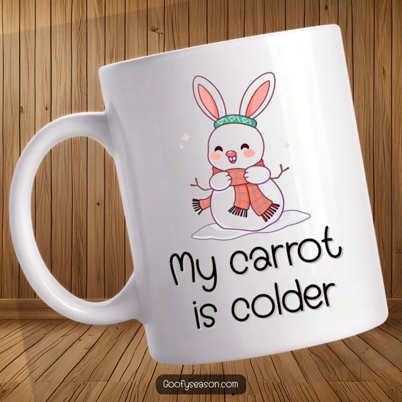 Funny mug with a cheerful bunny character happily placing a scarf on a snowman, celebrating winter fun.