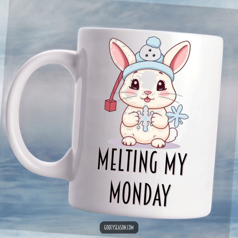 Funny mug featuring a cute bunny wearing a tiny snowman hat and holding a melting snowflake, depicting winter's adorable and humorous side.
