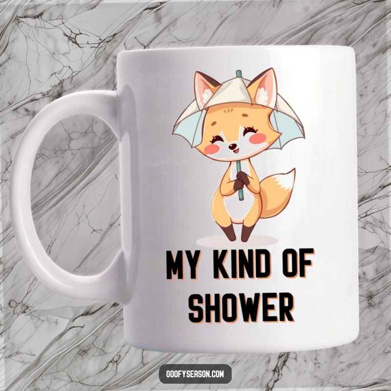Funny Mug: A smiling fox joyfully dances under a tiny umbrella in gentle rain, radiating happiness.