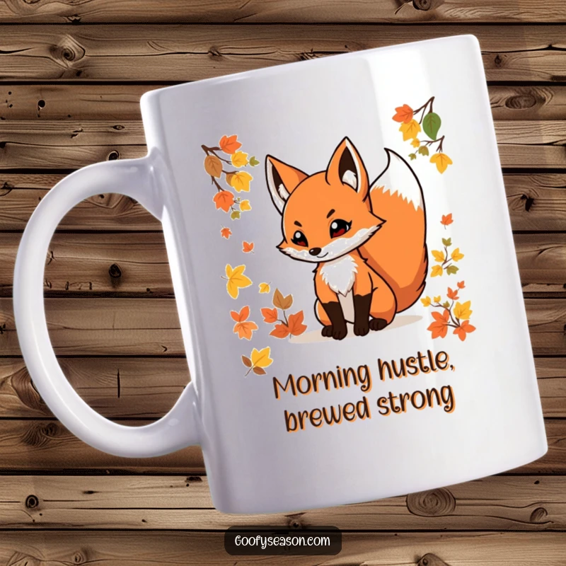 Funny fox mug with a determined expression, tail swishing amidst vibrant autumn leaves, capturing the spirit of the fall season.