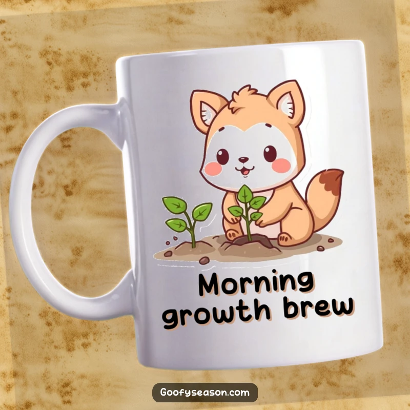 Funny mug illustration of a determined animal character planting a vibrant seedling with a hopeful and focused expression.