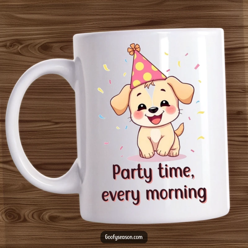 Funny mug showcasing a giggling puppy in a festive hat, joyfully chasing colorful falling confetti during a celebration.