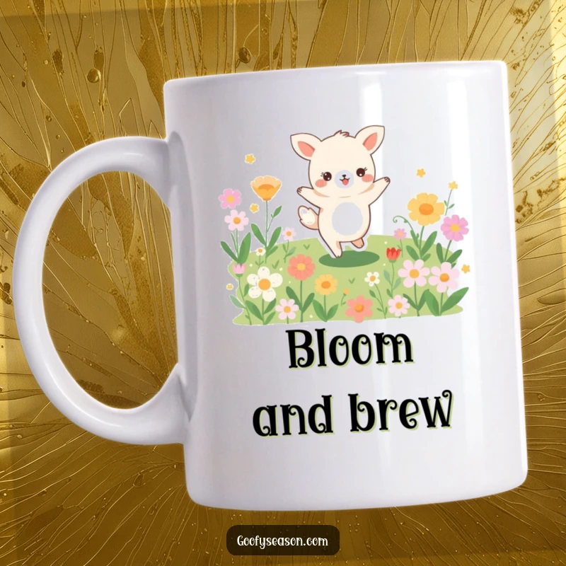 Funny mug illustration of a joyful animal character dancing energetically amidst a meadow bursting with colorful blooming flowers.
