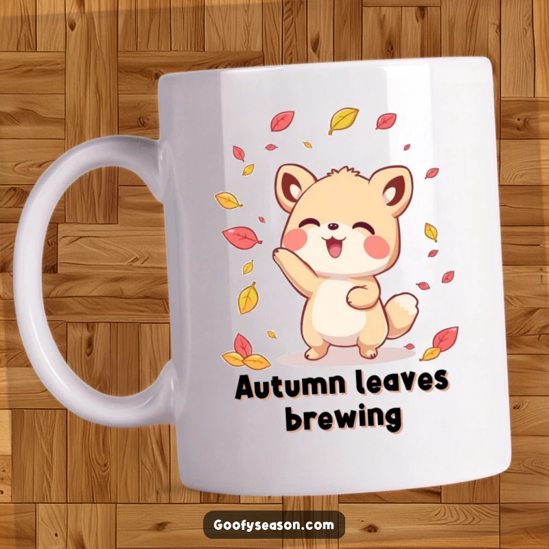 Funny kawaii animal character playfully tossing colorful autumn leaves in the air, radiating happiness.