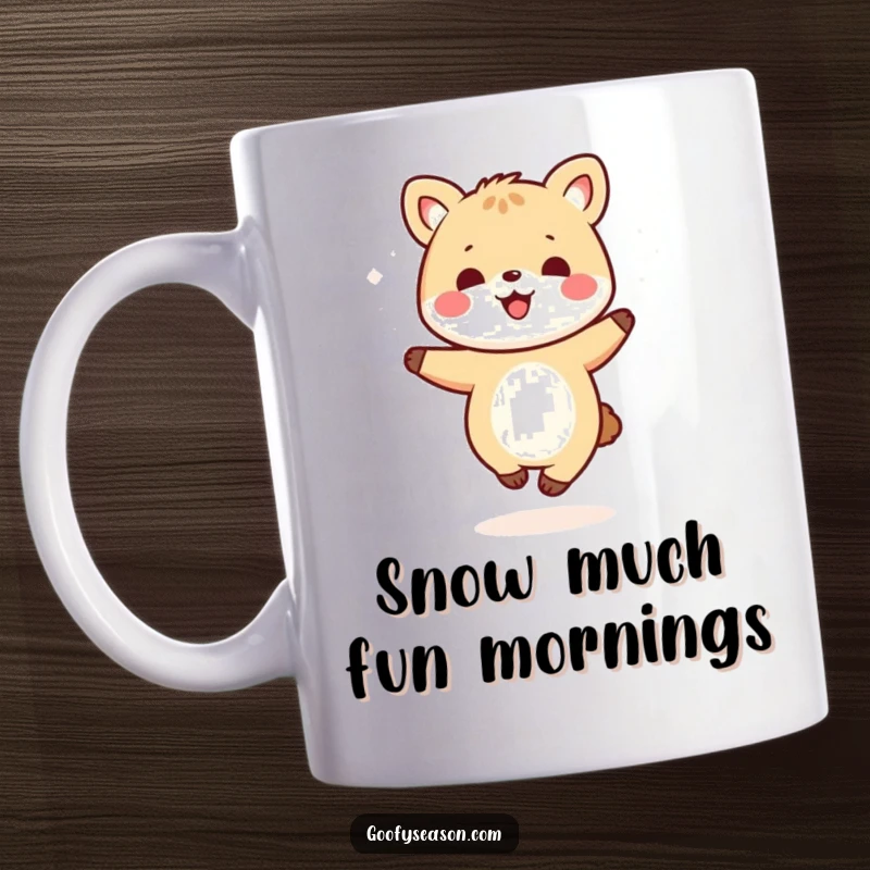 Funny kawaii animal character happily dancing amidst falling snowflakes, bringing winter cheer to this delightful mug.