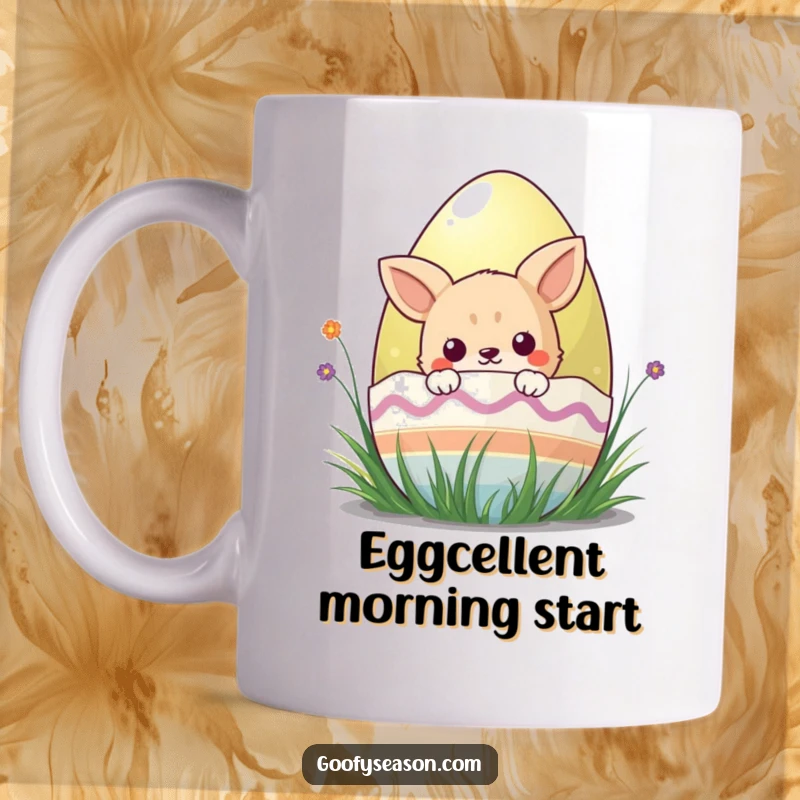 Funny kawaii animal character peeking with curiosity from behind a large, brightly colored Easter egg on this mug.