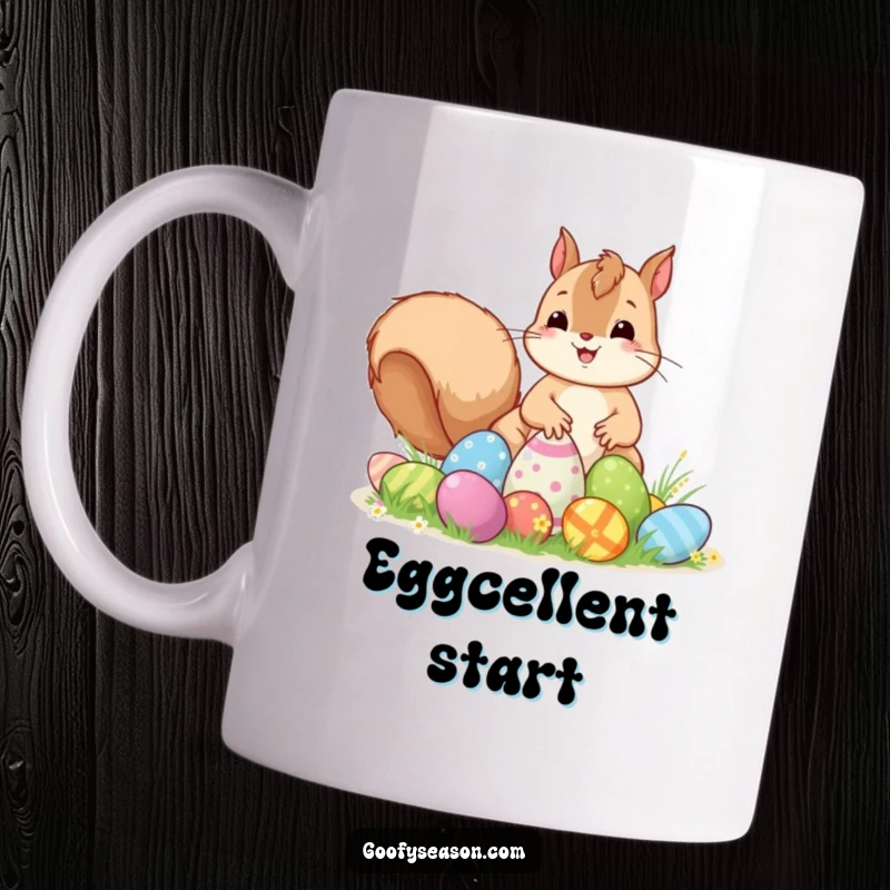 Funny Kawaii squirrel excitedly hiding colorful Easter eggs, preparing for a fun hunt on a cute mug.