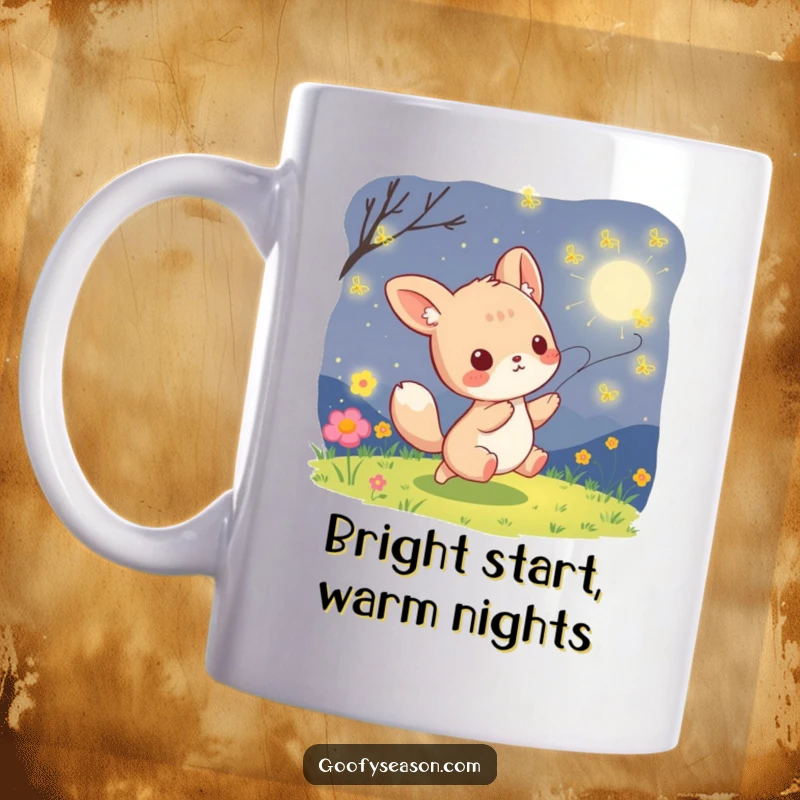 Funny kawaii animal character playfully chasing glowing fireflies on a warm, starry summer night, depicted on this mug.