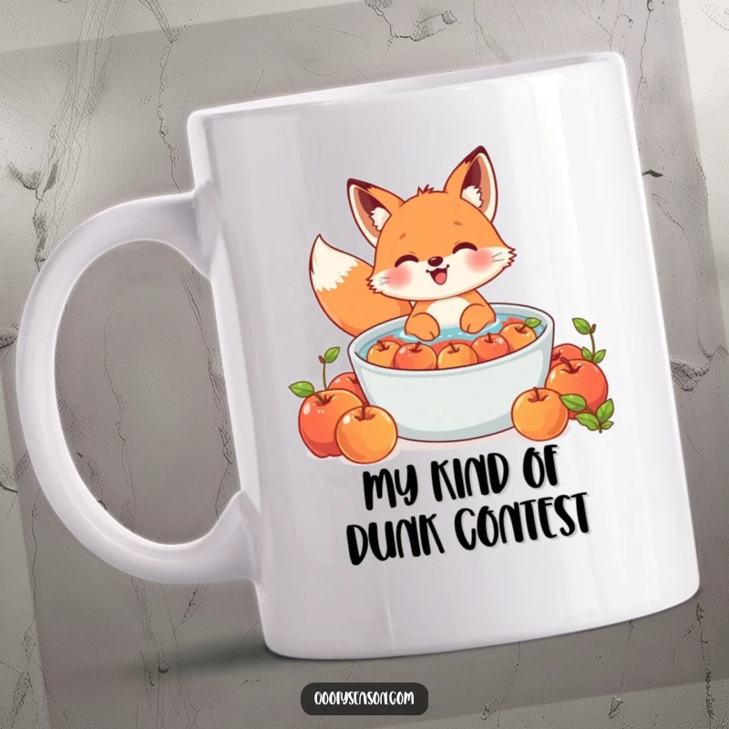 Funny Kawaii fox mug with a cute character gleefully bobbing for apples in a large tub, perfect for fall.