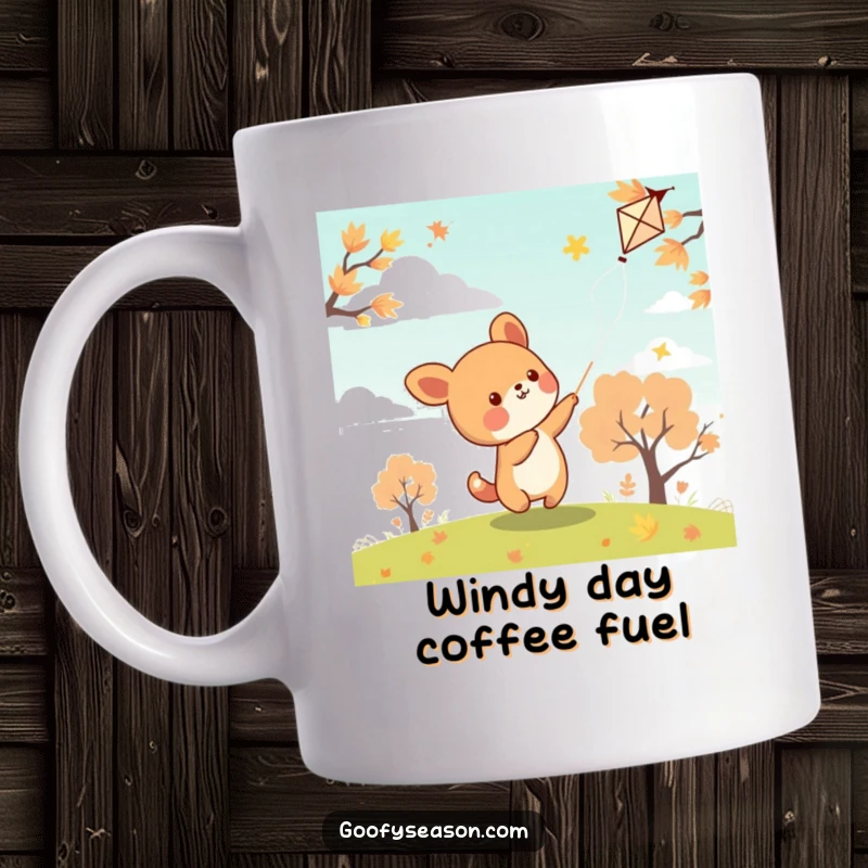 Funny kawaii animal character happily flying a kite on a breezy autumn day, embodying pure joy on this mug.