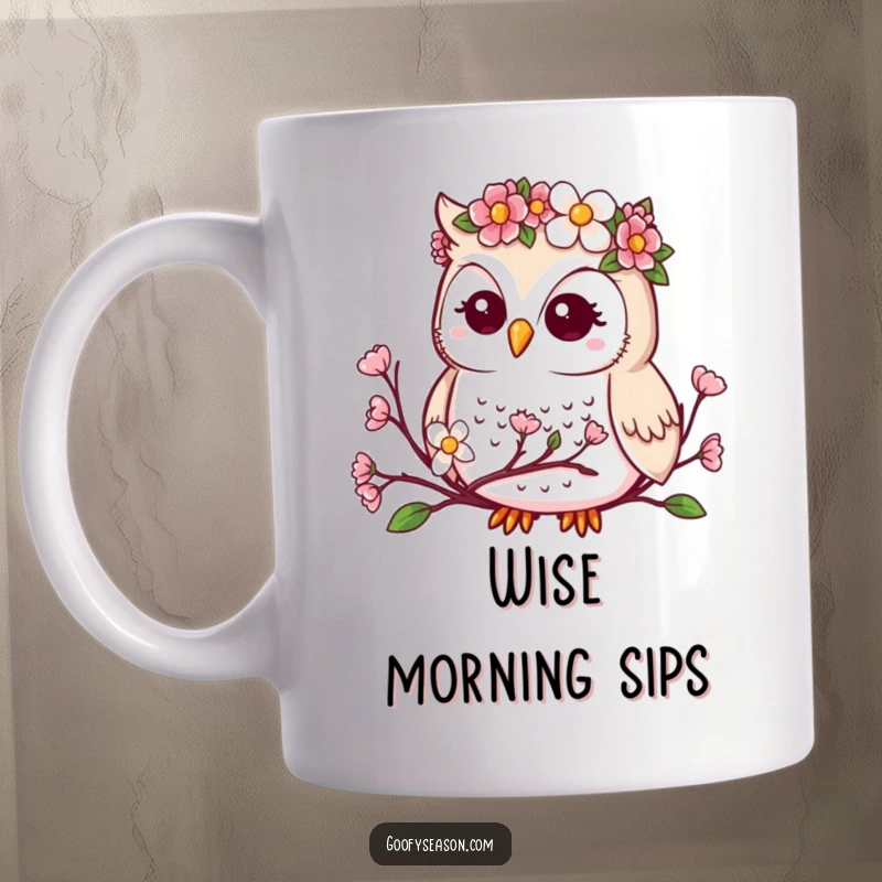 Funny kawaii owl mug featuring a cute owl wearing a flower crown, peacefully observing blooming spring buds.