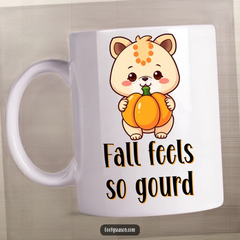 Funny kawaii animal character gleefully holding a large, bright pumpkin, exuding pure autumn joy on this mug.