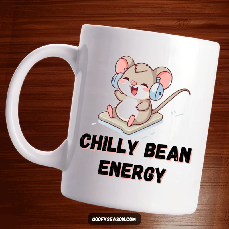 Funny Mug: A giggling mouse wearing earmuffs joyfully slides down a snowy hill, embracing winter fun.