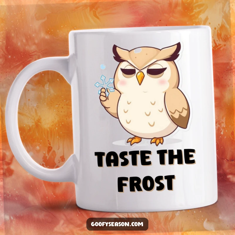 Funny mug featuring a determined owl character with wide eyes, beak open, trying to catch a single falling snowflake in a snowy scene.