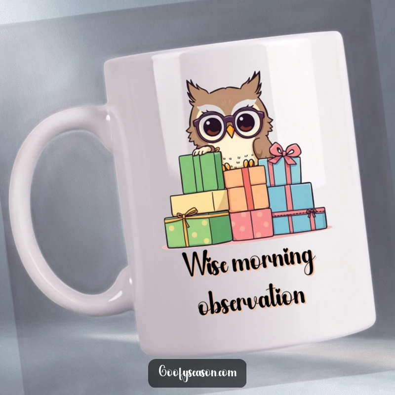 Funny owl with spectacles peeking from behind giant presents on a mug, a wise funny gift.