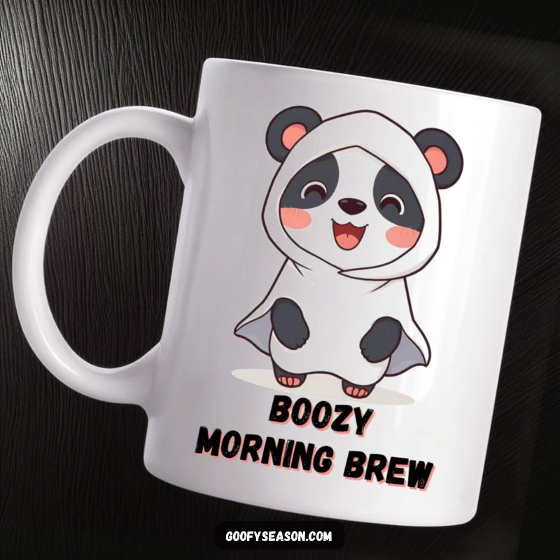 Funny Panda Ghost Mug: Smiling panda dressed as a ghost for Halloween, looking adorable and playfully spooky, ready for trick-or-treats.