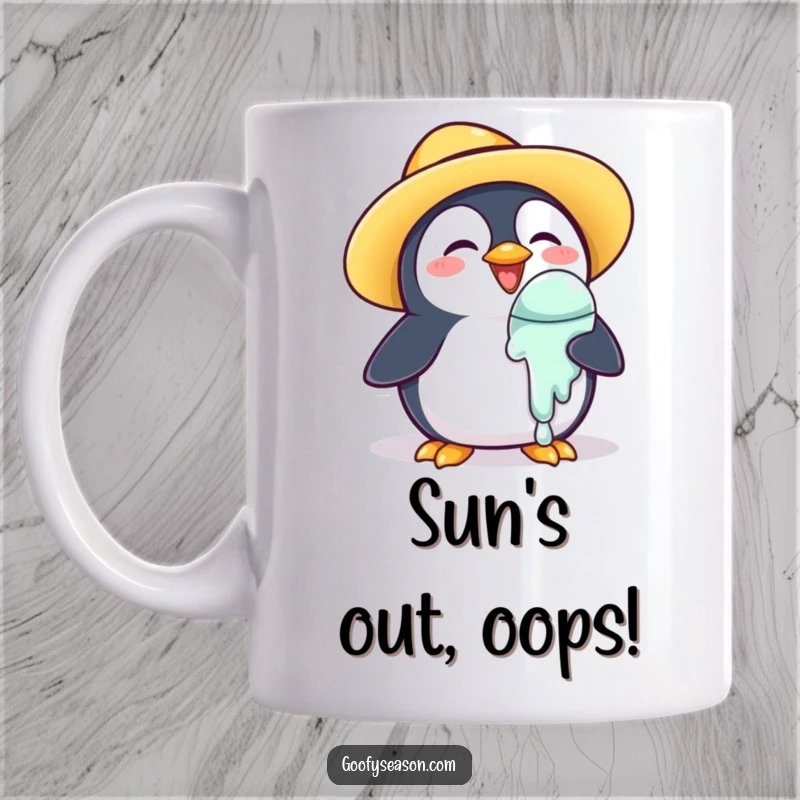 Funny Mug: A joyous penguin in a sun hat sadly holds melting ice cream, embracing summer heat.