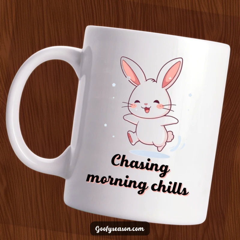 Funny mug featuring an energetic rabbit character joyfully chasing falling snowflakes, depicting playful winter excitement and humor.