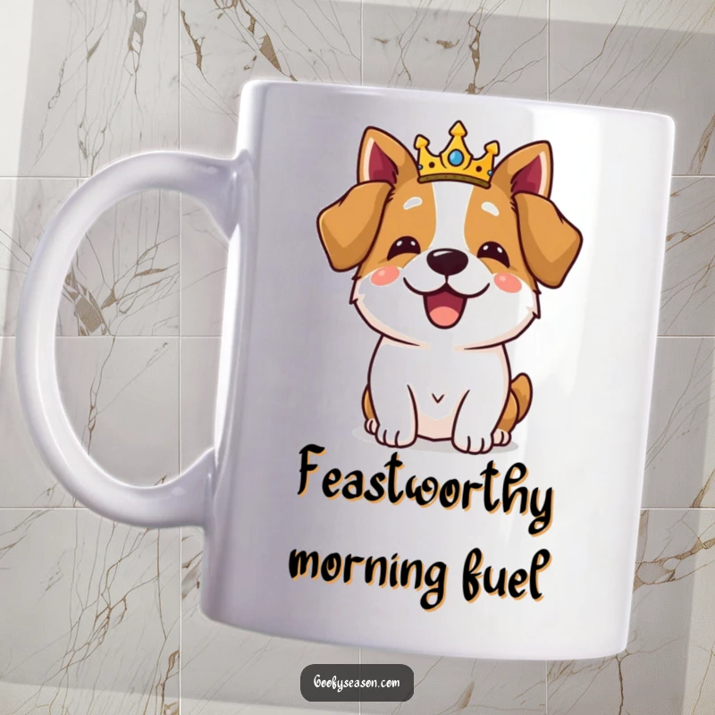 Funny delighted dog wearing a tiny crown, feasting royally, depicted on a mug for a humorous touch.